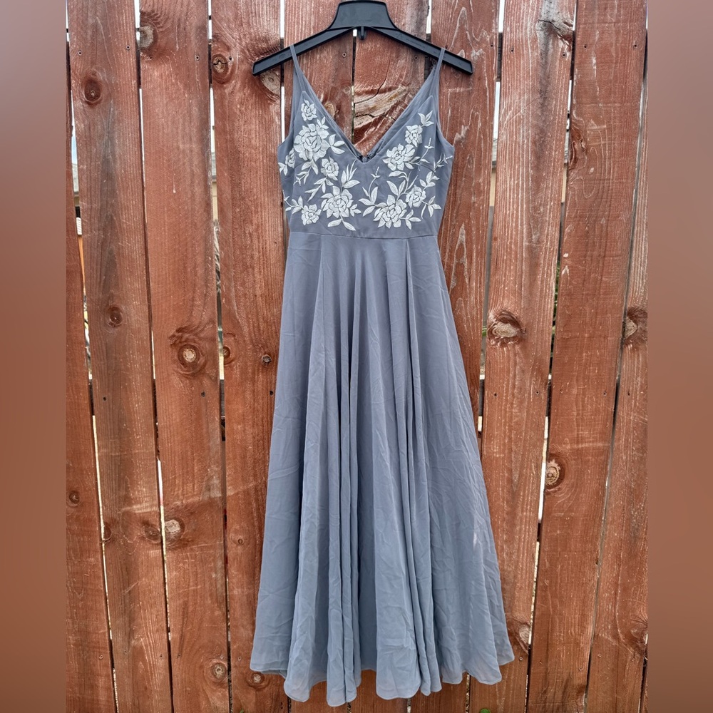 BHLDN Gray Maxi Dress with Floral Bodice Embroidery